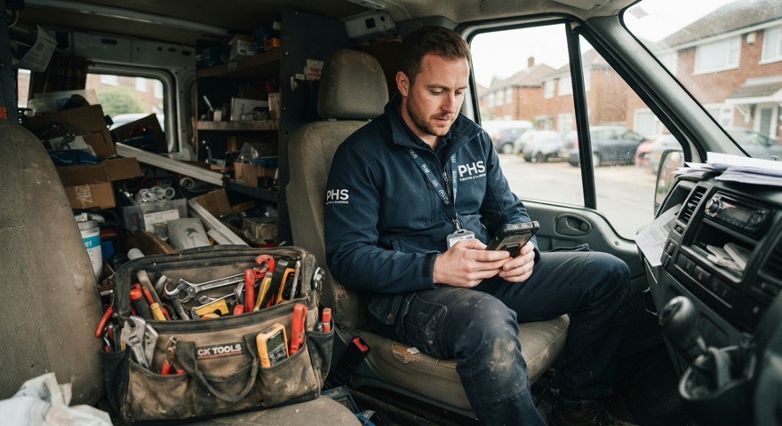 An engineer reads his next job on his phone in the van.