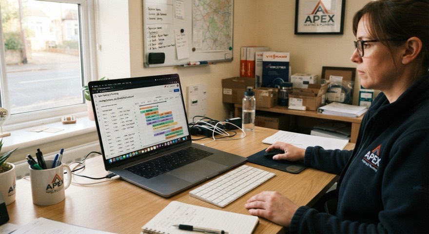 An office manager works through the day's jobs on a laptop.