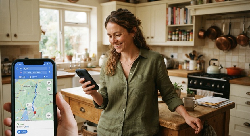 A customer checks her phone at home while she waits for the engineer.
