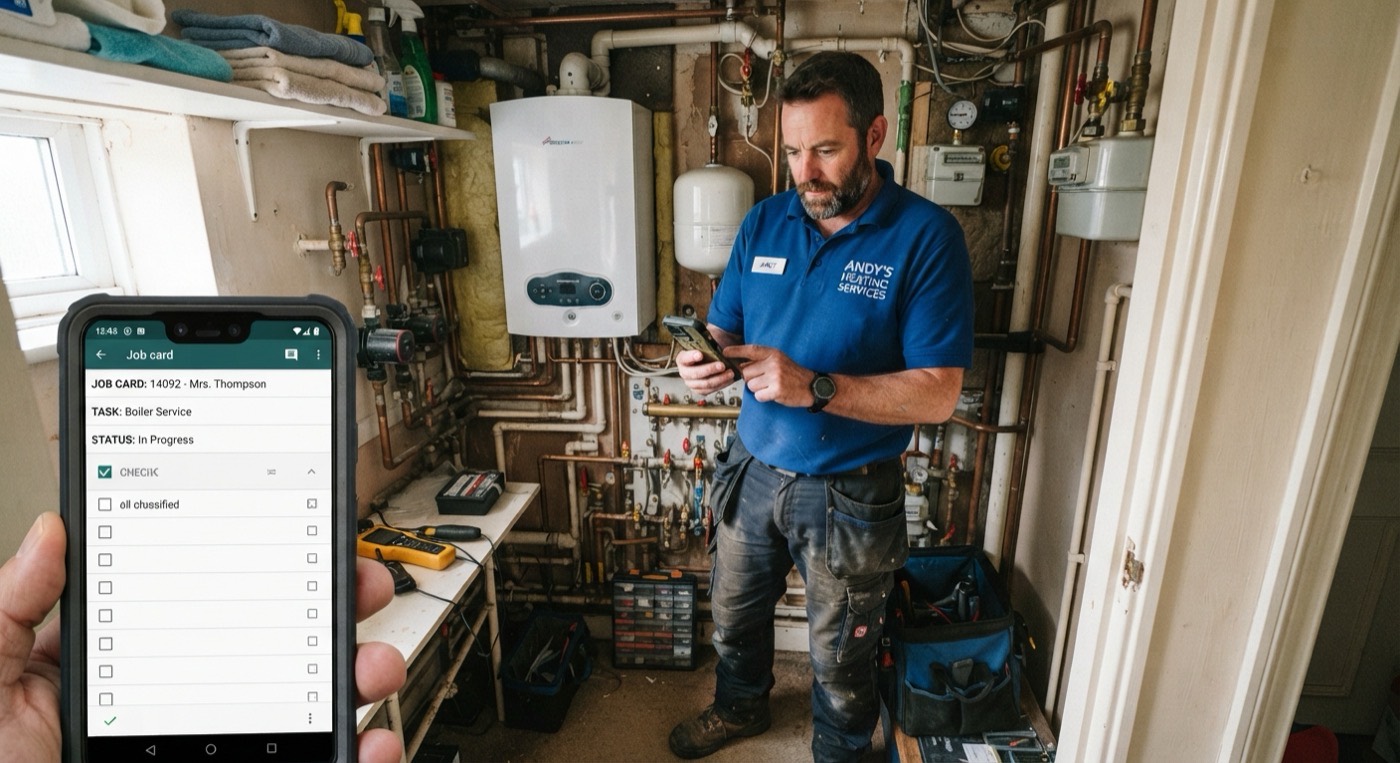 A heating engineer checks a job on his phone beside a wall-mounted boiler.