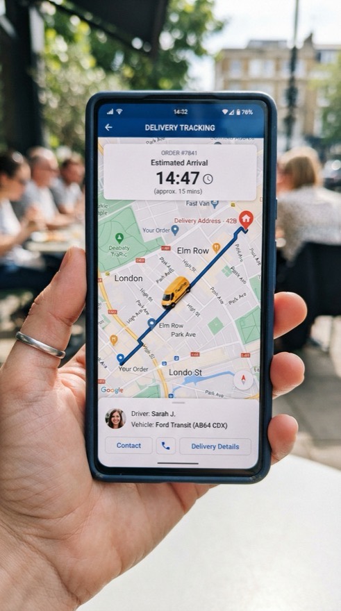 A customer follows the engineer's progress on a map on her phone.